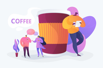 Poster - Coffee house, cafe takeout beverage. Friends drinking takeaway hot drink cartoon characters. Coffee break, low energy, tiredness and energizing concept. Vector isolated concept creative illustration