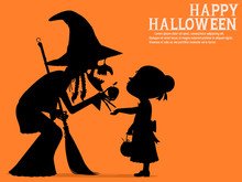 The Skeleton Witch Give The Little Girl An Apple On Orange Background