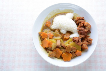 Wall Mural - Japanese curry with dolphin rice shape and fried chicken. (Karaage)