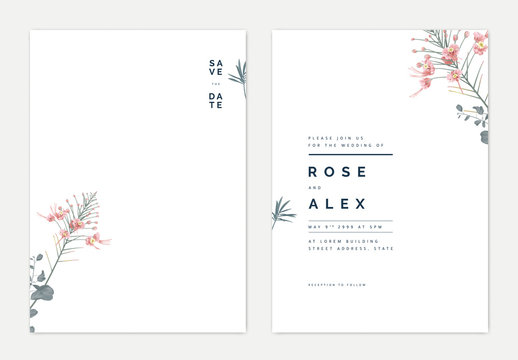 Minimalist botanical wedding invitation card template design, pink peacock and leaves on white
