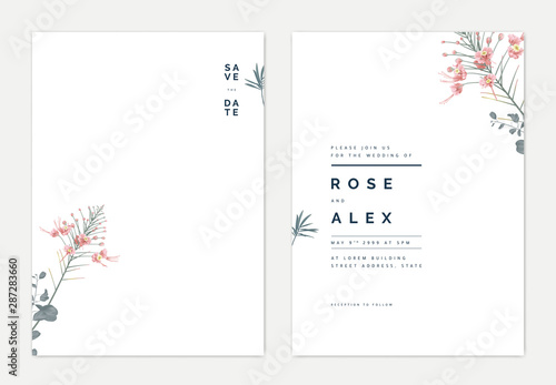 Minimalist botanical wedding invitation card template design, pink peacock an...