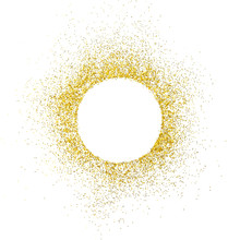 Gold Sparkles On White Background. White Circle Shape For Text And Design.