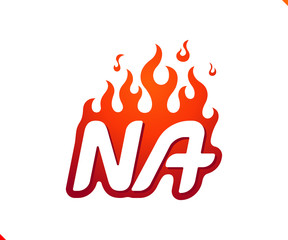 Uppercase initial logo letter NA with blazing flame silhouette,  simple and retro style logotype for adventure and sport activity.