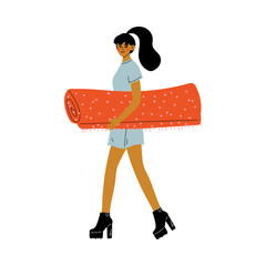 Wall Mural - Young Woman Carrying Carpet, Girl Shopping at Marketplace Vector Illustration