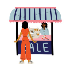 Sticker - Young African American Woman Selling Home Appliances at Marketplace or Flea Market Vector Illustration