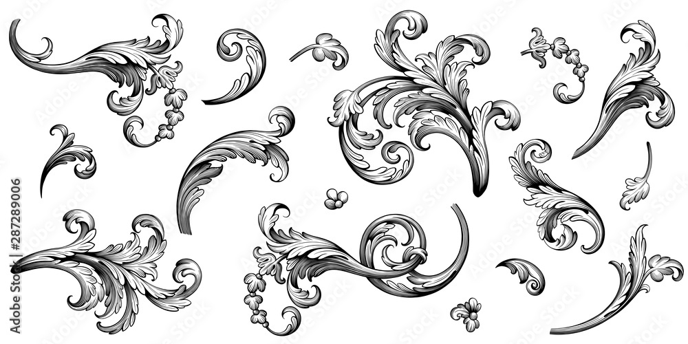 Vintage Baroque Victorian frame border flower pattern vector floral engraved scroll ornament leaf retro decorative design tattoo black and white filigree calligraphic heraldic shield swirl - obrazy, fototapety, plakaty 