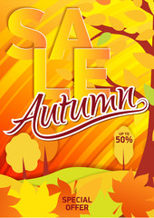 Wall Mural - Vertical bright yellow poster, the gold autumn forest. With text - Autumn Sale. Vector illustrations for flyers, leaflet, ads.