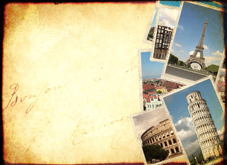 Sticker - Vintage travel background with retro photos of european landmarks