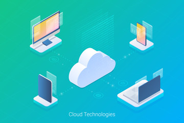 Wall Mural - Laptop, Desktop, Smartphone Mobile Phone, Tablet PC Isometric Flat vector illustration. Cloud computing technologies Hosting Sync Data.