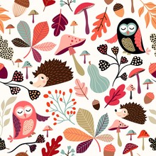 Autumn Seamless Pattern With Decorative Seasonal Elements, Cute Animals And Plants