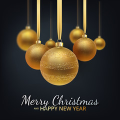 Sticker - Greeting card, invitation with happy New year 2020 and Christmas. Metallic gold Christmas balls, decoration, shimmering, shiny confetti on a black background. Vector Illustration