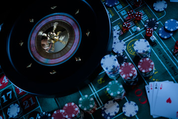 Wall Mural - Poker Chips with roulette, gambling games concept.