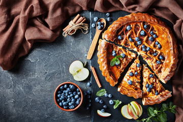 Canvas Print - delicious sliced Apple Blueberry Pie, flat lay