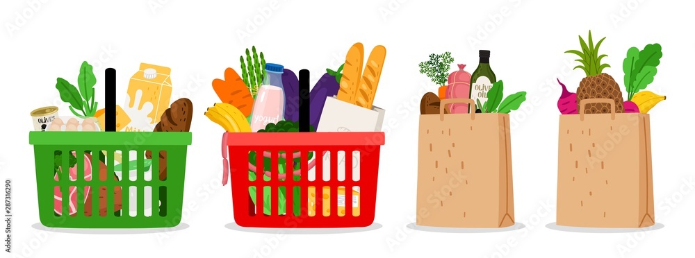 Grocery food basket. Eco shopping bags and baskets with food. Vector supermarket illustration - obrazy, fototapety, plakaty 