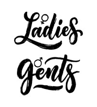 Ladies And Gents, Men And Women Toilet Signs - Hand Lettering Patches, Icons. Vector