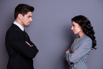 Sticker - Profile side view portrait of his vs he her she attractive serious stylish content focused partners leadership meeting acquaintance deciding folded arms in formal wear isolated over gray background