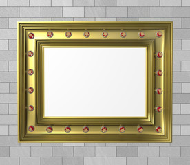 Canvas Print - 3d illustration. Gold picture frame with gems on a brick wall background.