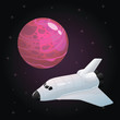 Huge pink planet with spots on it, white spaceship, vector