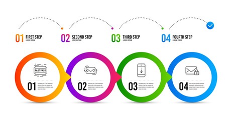 Naklejka na meble Refresh mail, Scroll down and Fastpass line icons set. Timeline infographic. Secure mail sign. New e-mail, Swipe phone, Entrance ticket. Private e-mail. Business set. Refresh mail icon. Vector