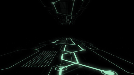 Wall Mural - high speed track with binary code connections glowing in dark space.