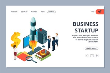 Wall Mural - business startup landing page. vector isometric young business team and rocket. successful startup w