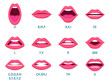 Female mouth animation. Sexy lips speak sounds pronunciation english letters animation frames vector template. Animation expression, facial talk and speak english language illustration