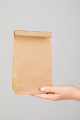 Wall Mural - Close - up of a woman holding a brown empty paper bag isolated on a grey background. Service delivery concept.