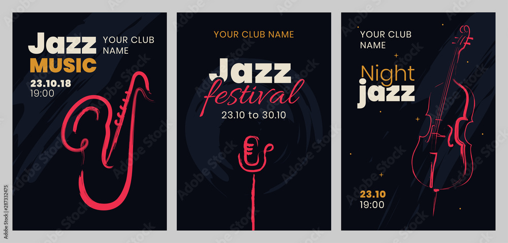 Vector set of posters for a jazz festival or concert with musical instruments. - obrazy, fototapety, plakaty 