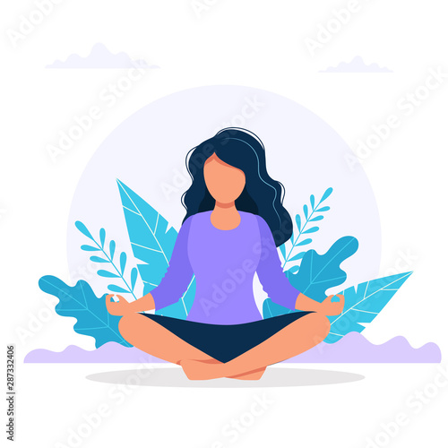 Woman meditating in nature. Concept illustration for yoga, meditation, relax, recreation, healthy lifestyle. Vector illustration in flat cartoon style