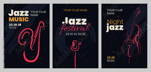 Vector set of posters for a jazz festival or concert with musical instruments Poster Mural XXL