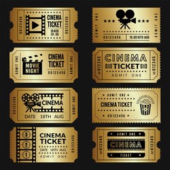 Golden tickets. Entry cinema tickets templates with illustrations of video cameras and other tools. Vector cinema show event, movie ticket