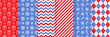 © maradaisy - Christmas seamless pattern. Xmas New year background. Vector. Holiday texture with gift box, snowflake, zig zag, rhombus, candy cane stripes. Festive wrapping paper, gingham. Red blue illustration