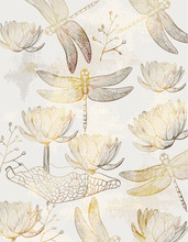 Lotus And Dragonfly Pattern Vector Line Art. Golden Texture Shiny Decors