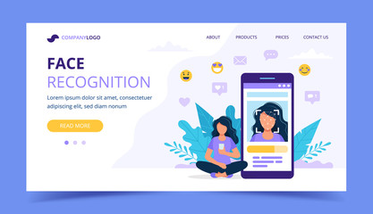 Wall Mural - Face recognition technology landing page. Woman sitting next to big smartphone with photo on it. Vector illustration in flat style