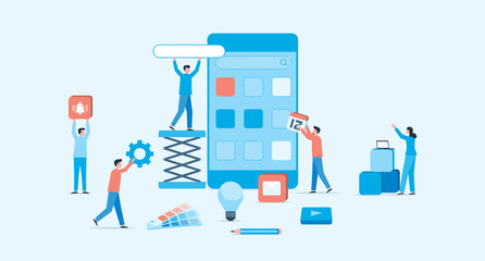 Wall Mural - mobile application and web design development process concept and group business team working