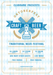 Wall Mural - Oktoberfest beer festival celebration. Typography poster or flyer template for beer party. Vintage beer label on the traditional Bavarian linen flag background