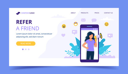 Wall Mural - refer a friend landing page with big smartphone with woman. promotion, advertising, announcement con