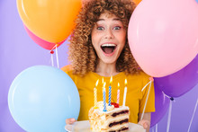 Image Of Excited Young Woman Celebrating Birthday With Multicolored Air Balloons And Piece Of Cake