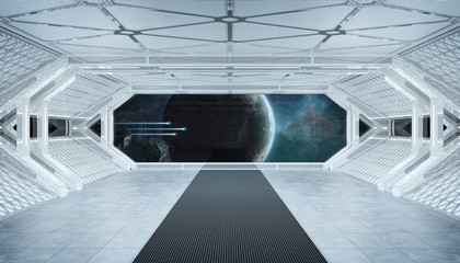 white blue spaceship futuristic interior with window view on space and planets 3d rendering