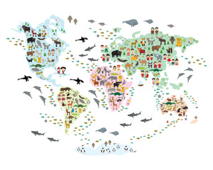 cartoon animal world map for children and kids, back to schhool. animals from all over the world whi