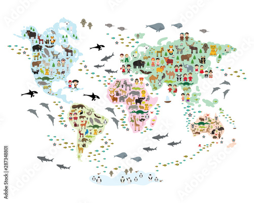 Naklejka na szafę Cartoon animal world map for children and kids, back to schhool. Animals from all over the world white continents islands isolated on white background of ocean and sea. Scandinavian decor. Vector