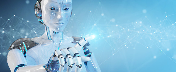 Fototapete - White robot using floating digital network connections with dots and lines 3D rendering