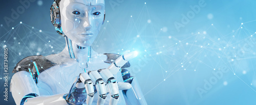 Cuadros en Lienzo White robot using floating digital network connections with dots and lines 3D re