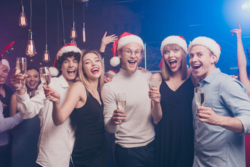 Poster - Portrait of nice-looking attractive stylish cheerful cheery positive glad excited funny ladies and guys having fun dream rest relax celebratory at modern luxury fogged lights nightclub