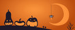 © Maria Skrigan - Happy Halloween banner, party invitation, background with crescent moon, funny pumpkins, spider with candy silhouettes, text place. Hand drawn vector illustration. Holiday design concept. Flat style.