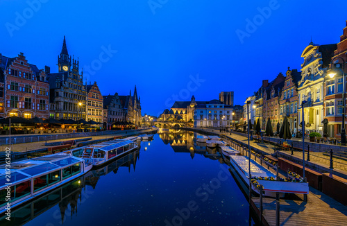 View of Graslei, Korenlei quays and Leie river in the historic city center in...