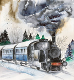 Watercolor picture of a steam  engine on the snowy railroad with picturesque winter background