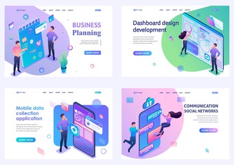Wall Mural - set of isometric concepts.business planning, create dashboard, mobile app, social network. for landi
