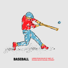 Wall Mural - Baseball player hit the ball. Vector outline of Baseball player with scribble doodles.