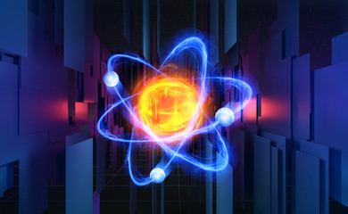 Aufkleber - Atom 3d illustration. Basis of universe. Particle of God, First Matter. Study of structure of universe. Hadron Collider and Future Technologies